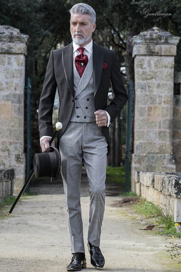 ONGala 2153 - Vestito da sposo, giacca nera con pantalone e gilet principe di galles