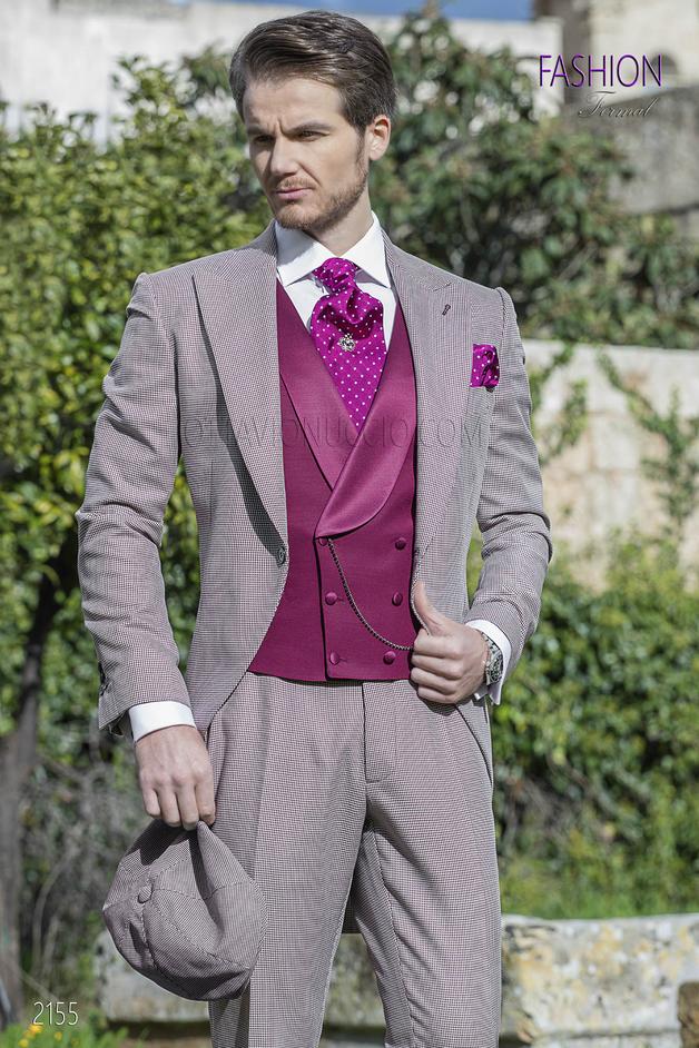 ONGala 2155 - Vestito uomo sposo fashion in pied de poul con gilet fucsia