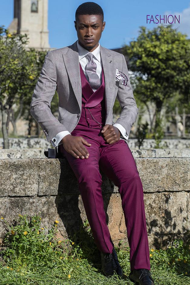 ONGala 2158 - Vestito uomo principe di galles da sposo fashion check bordeaux