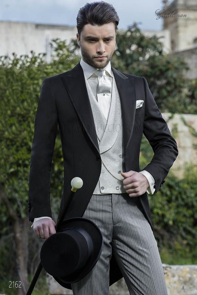 ONGala 2162 - Abito da sposo tight classico nero con gilet damascato panna