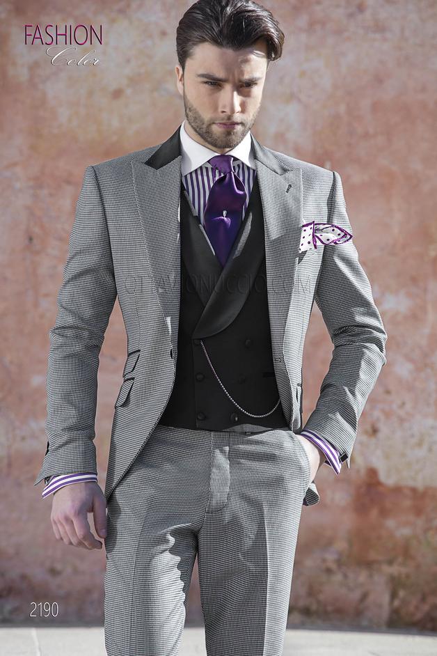 ONGala 2190 - Abito fashion moda sposo grigio nero, tessuto pied de poule