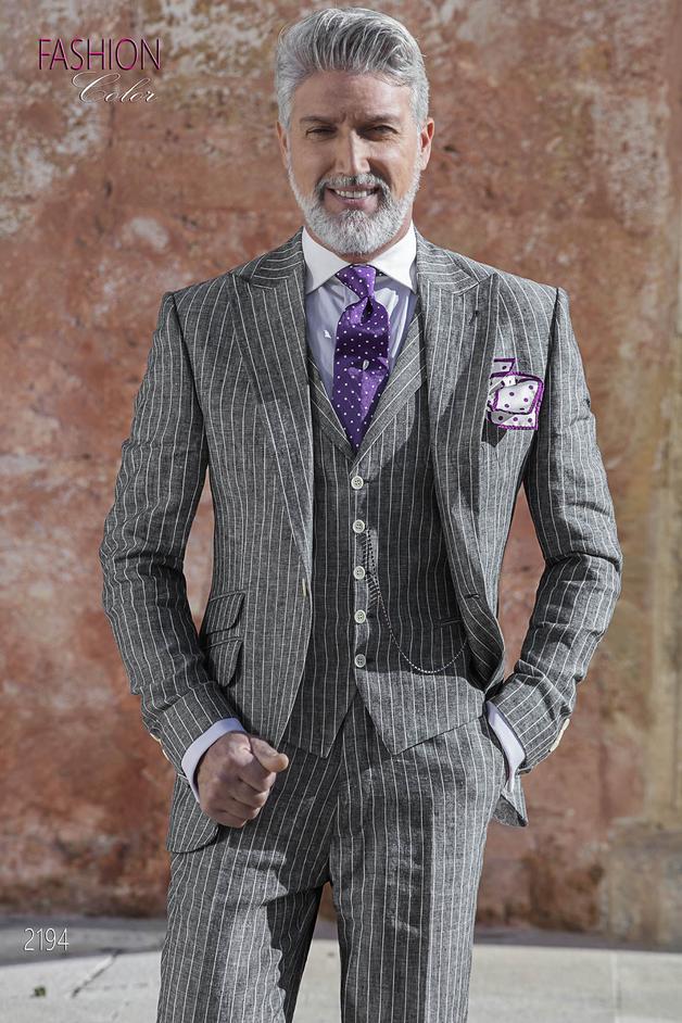 ONGala 2194 - Abito sposo moda fashion, riga diplomatica gessata lino grigio