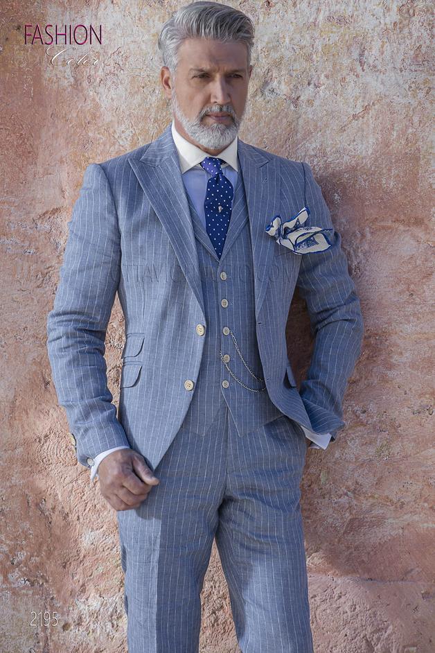 ONGala 2195 - Abito uomo moda fashion, riga diplomatica gessata in lino celeste