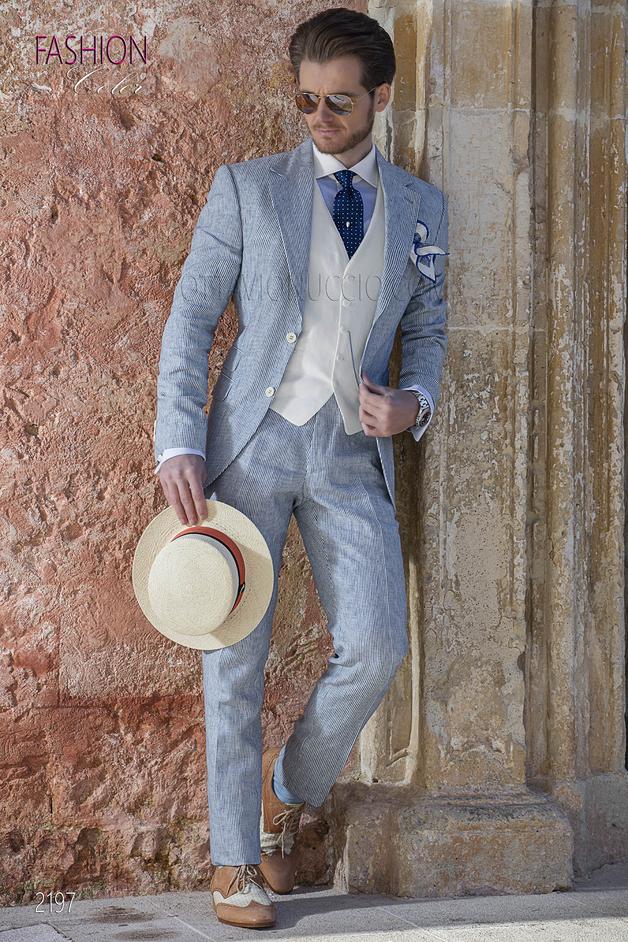 ONGala 2197 - Abito estivo moda sposo millerighe di cotone blu su fondo bianco