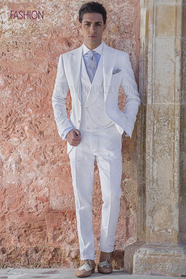 ONGala 2199 - Abito da sposo fashion lino bianco per cerimonie estive