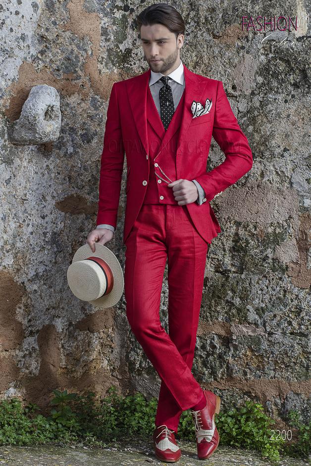 ONGala 2200 - Abito moda sposo per matrimonio estivo puro lino rosso