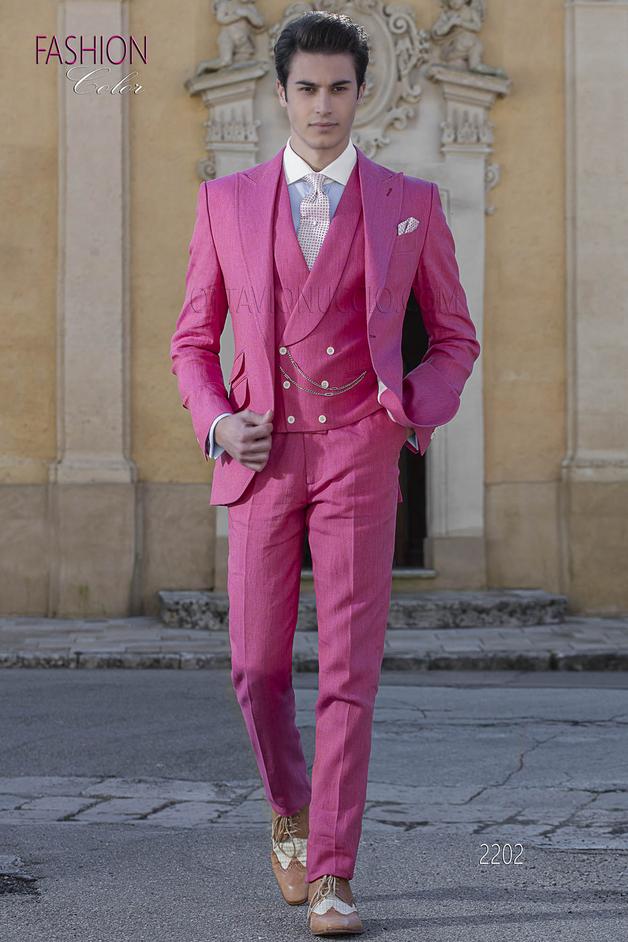 ONGala 2202 - Abito da cerimonia uomo estivo puro lino fucsia