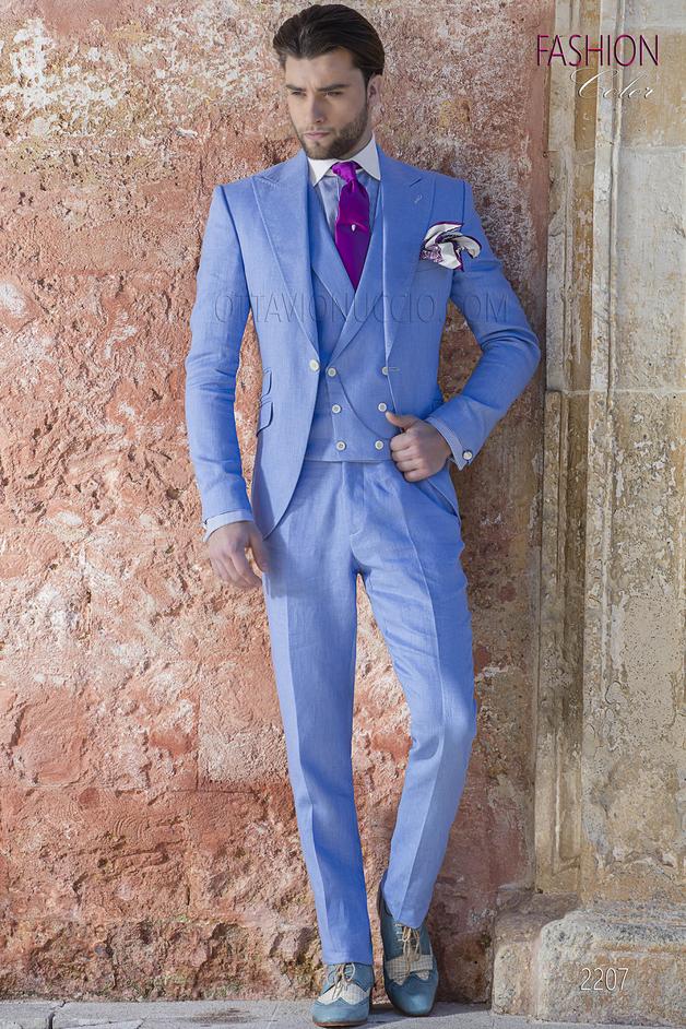 ONGala 2207 - Abito da cerimonia uomo fashion in puro lino celeste