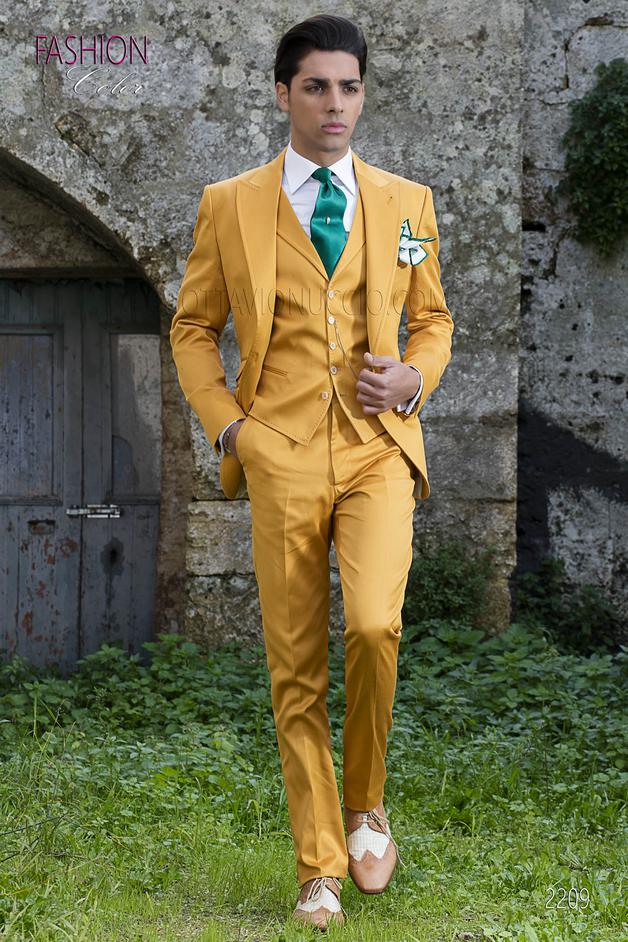 ONGala 2209 - Abito matrimonio estivo in raso luxury di cotone giallo oro