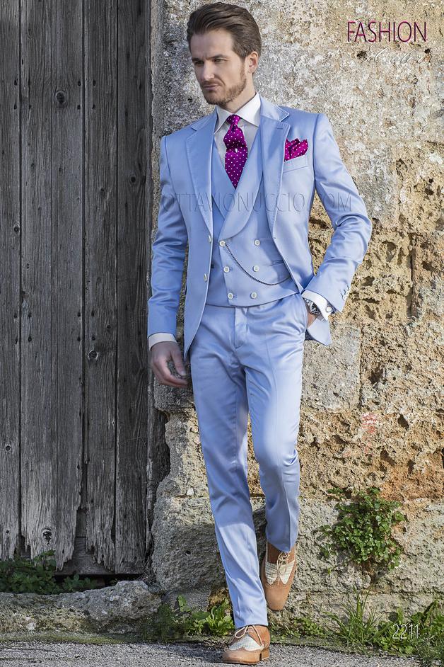 ONGala 2211 - Abito in raso luxury di cotone celeste per moda sposo uomo fashion