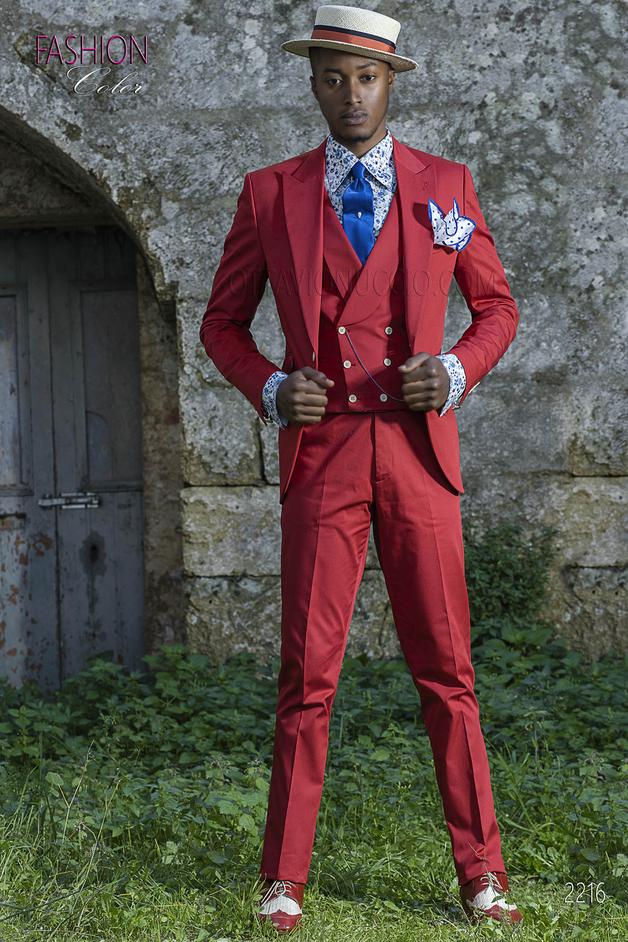 ONGala 2216 - Abito vintage cerimonia uomo, moda sposo fashion puro cotone rosso