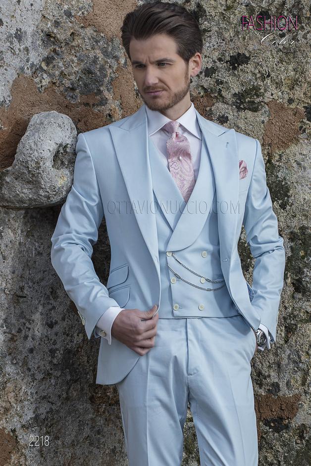 ONGala 2218 - Abito matrimonio uomo vintage, moda sposo fashion puro cotone celeste