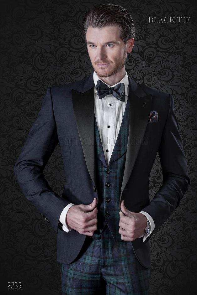 ONGala 2235 - Giacca smoking blu con pantalone e gilet in tartan