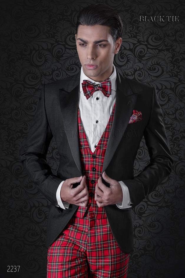 ONGala 2237 - Giacca smoking nero con pantalone e gilet in tartan rosso