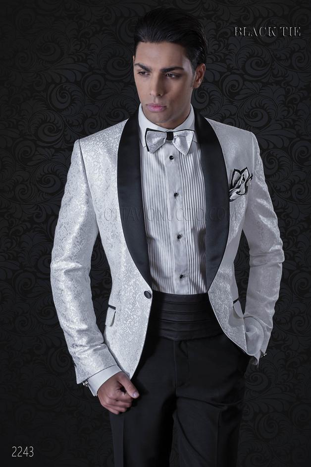 ONGala 2243 - Smoking uomo damascato bianco, pantalone nero