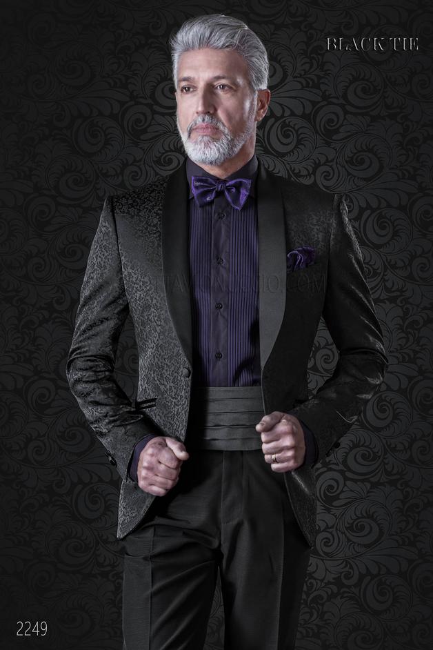 ONGala 2249 - Giacca smoking uomo damascato nero e pantalone nero
