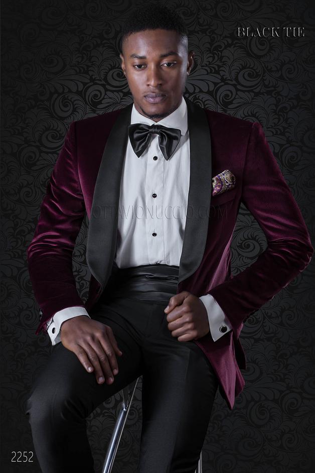 ONGala 2252 - Giacca smoking uomo in velluto bordeaux, pantalone nero