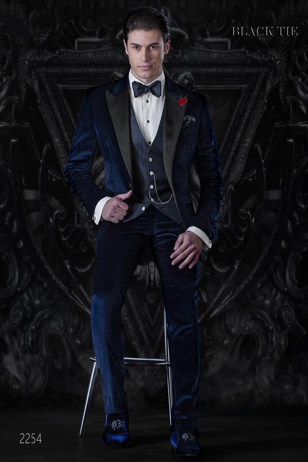 ONGala 2254 - Smoking uomo blu elettrico in velluto per eventi di gala