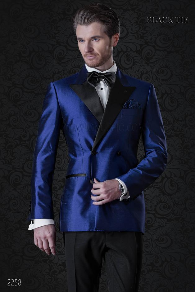 ONGala 2258 - Giacca smoking doppiopetto uomo blue elettrico in shantung