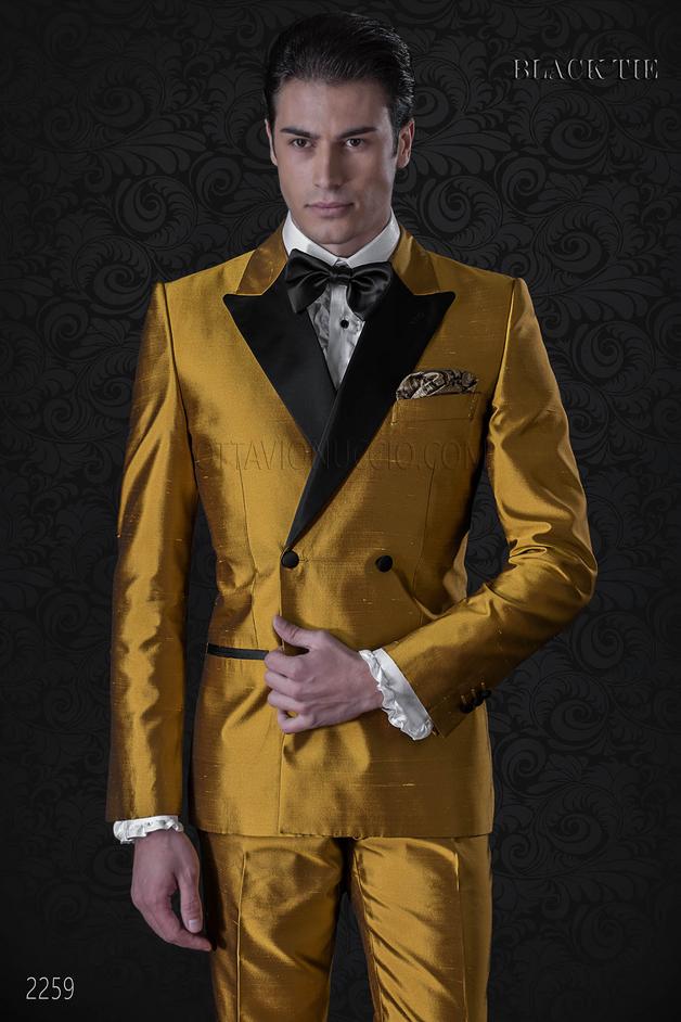 ONGala 2259 - Smoking doppiopetto uomo in shantung dorato | Abito su misura