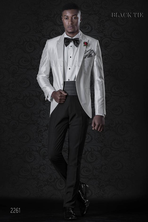 ONGala 2261 - Smoking giacca in shantung bianco e pantalone nero
