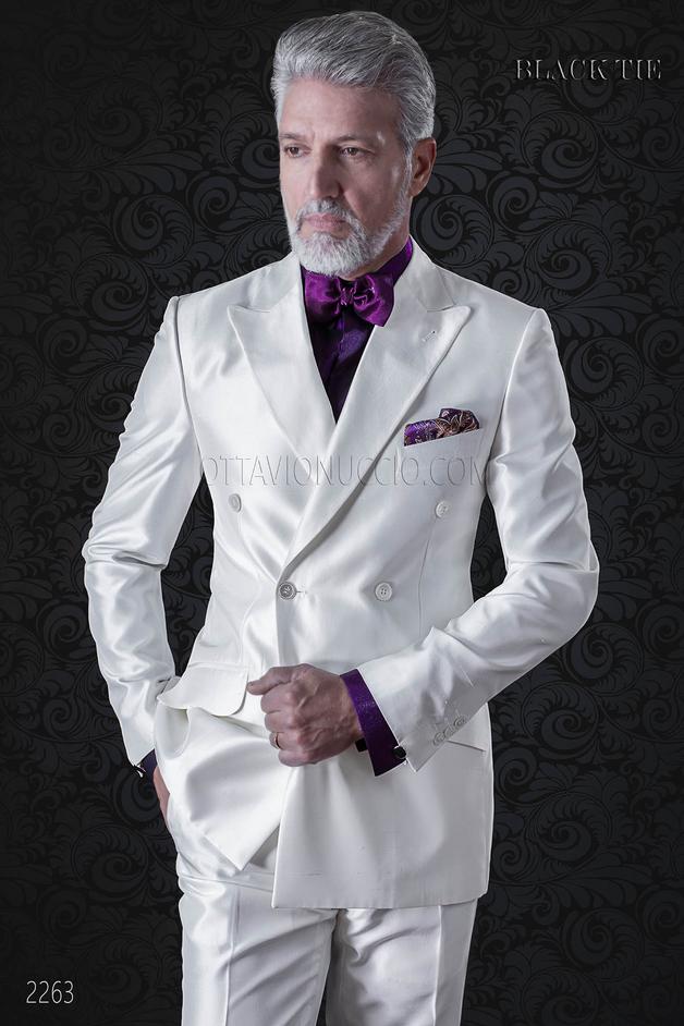 ONGala 2263 - Smoking uomo bianco da matrimonio, doppiopetto in shantung