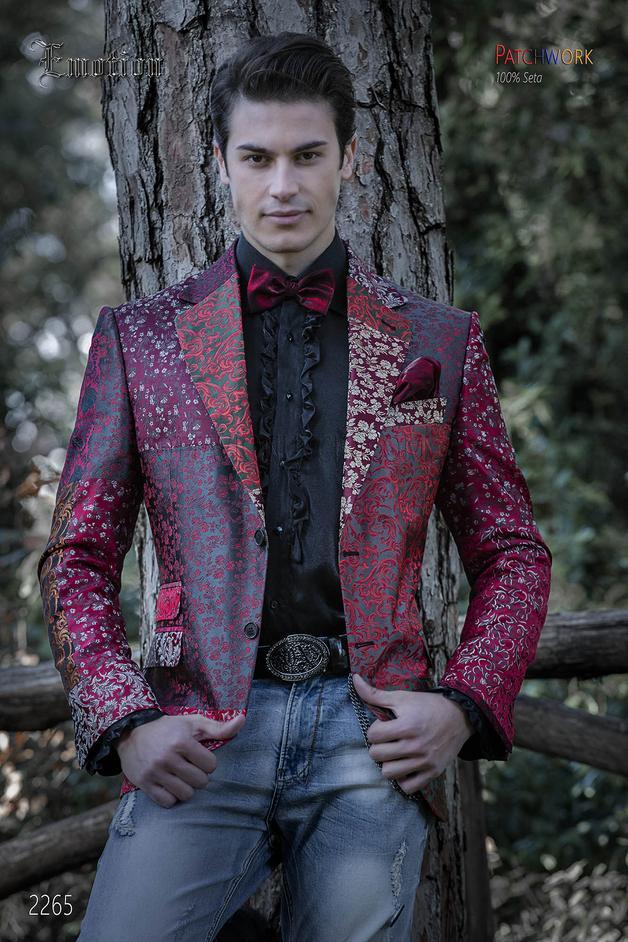 ONGala 2265 - Giacca patchwork uomo seta toni rosso