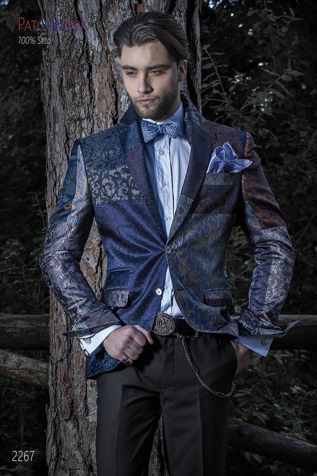 ONGala 2267 - Giacca uomo patchwork seta blu | Giacca prodotta su misura