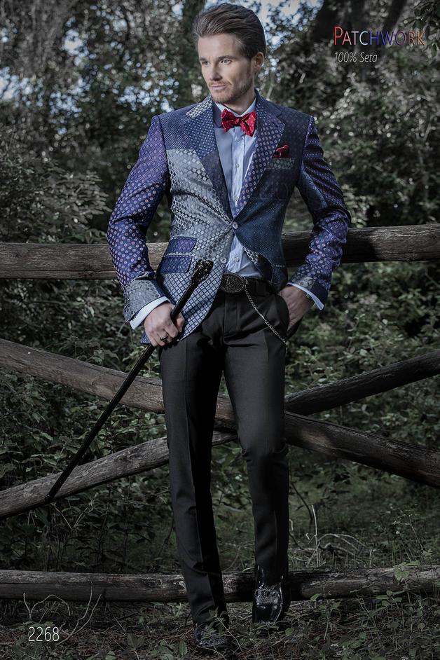 ONGala 2268 - Giacca patchwork seta blu da cerimonia uomo