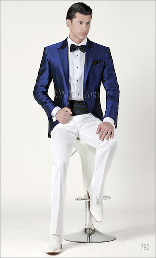 ONGala 790 - Abito con Giacca in shantung misto seta blu royal e pantalone bianco