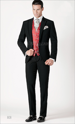 ONGala 808 - Abito sposo in acetato lana nero con gilet rosso damascato