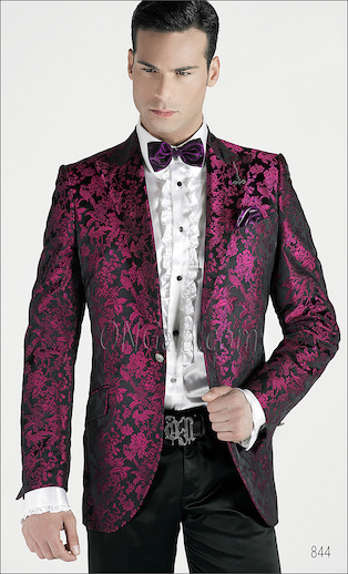 ONGala 844 - Abito sposo con Giacca seta jacquard fondo nero motivo fucsia e pantalone nero
