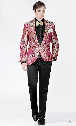ONGala 845 - Abito sposo con Giacca seta jacquard fondo fucsia motivo oro