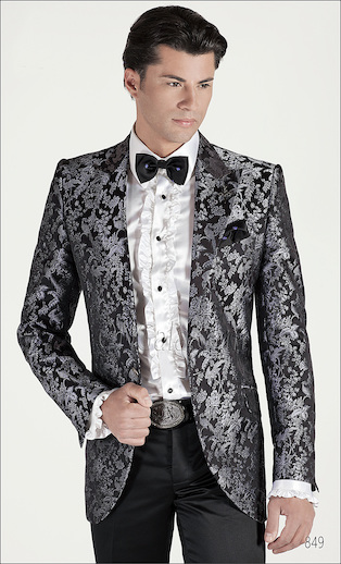ONGala 849 - Abito sposo con Giacca seta jacquard fondo nero motivo perla