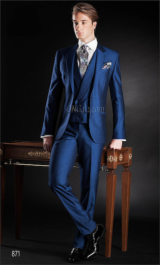 ONGala 871 - Abito da Cerimonia Uomo in lana mohair blu con gilet doppiopetto