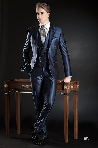 ONGala 873 - Abito Uomo in misto viscosa blu con gilet doppiopetto blu