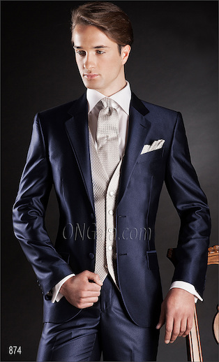 ONGala 874 - Abito Uomo in misto viscosa blu con gilet microdisegni grigio perla