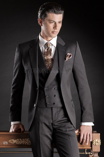 ONGala 879 - Abito da Cerimonia Uomo in pura lana satin grigio con gilet doppiopetto