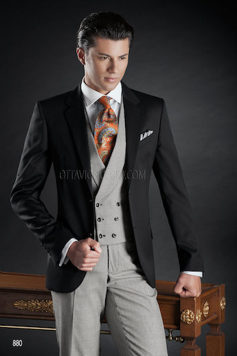 ONGala 880 - Abito sposo con Giacca in satin di lana nero con gilet doppiopetto grigio