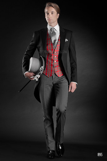 ONGala 895 - Tight sposo nero in raso di pura lana con gilet tartan