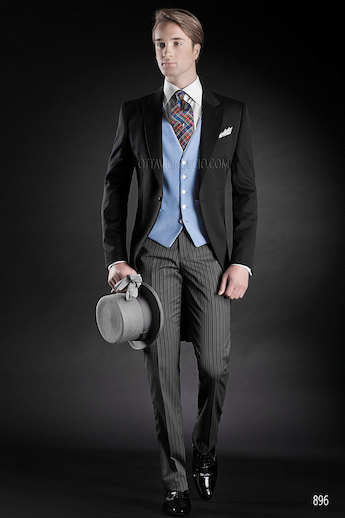 ONGala 896 - Abito da sposo uomo con Giacca Tight nera in satin di pura lana con gilet celeste