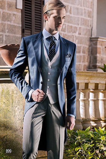 ONGala 899 - Abito da sposo con Giacca Tight in misto lana blu con gilet e pantalone grigi