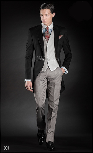 ONGala 901 - Abito sposo con Giacca Tight nera in satin di pura lana con gilet grigio perla
