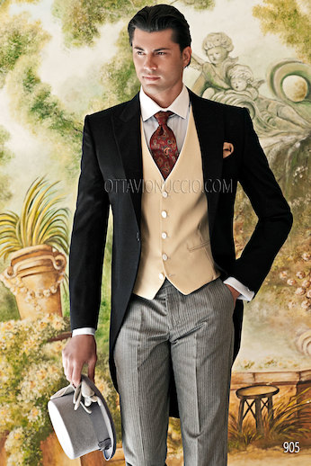 ONGala 905 - Abito da sposo con Giacca Tight nera in satin di pura lana con gilet avorio