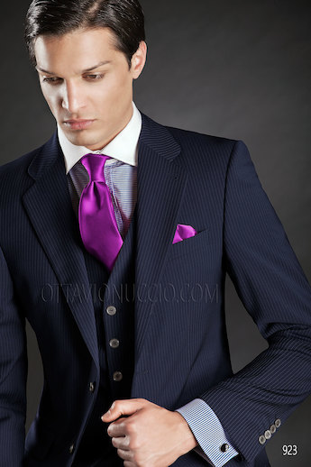 ONGala 923 - Abito da Cerimonia Uomo millerighe blu con gilet