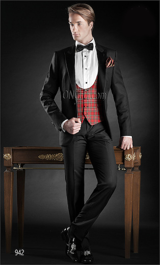 ONGala 942 - Smoking da sposo in lana nero con gilet tartan