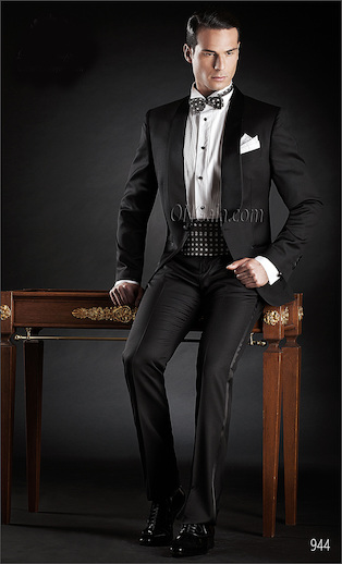 ONGala 944 - Tuxedo in lana nero con rever a contrasto in raso neri
