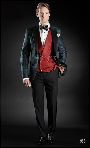 ONGala 953 - Abito sposo con Giacca Tartan Verde Blu