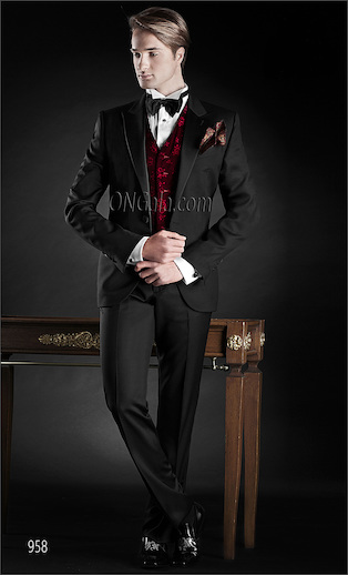 ONGala 958 - Smoking da sposo in lana nero con gilet damascato rosso