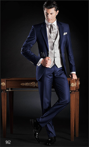 ONGala 962 - Abito da Cerimonia Uomo blu in misto lana con gilet in seta grigio perla
